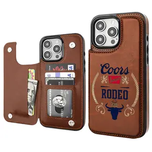 Coors Beer Cow Cowboy Creative Trendy Vintage Western Style Card Holder Wallet Aesthetic Pattern Brown Casing For iphone 16 15 14 13 12 PRO PLUS MAX PU Leather Stylish Gift Shockproof Protection Anti-Drop Protective Protector Phone Cases Shell Cover