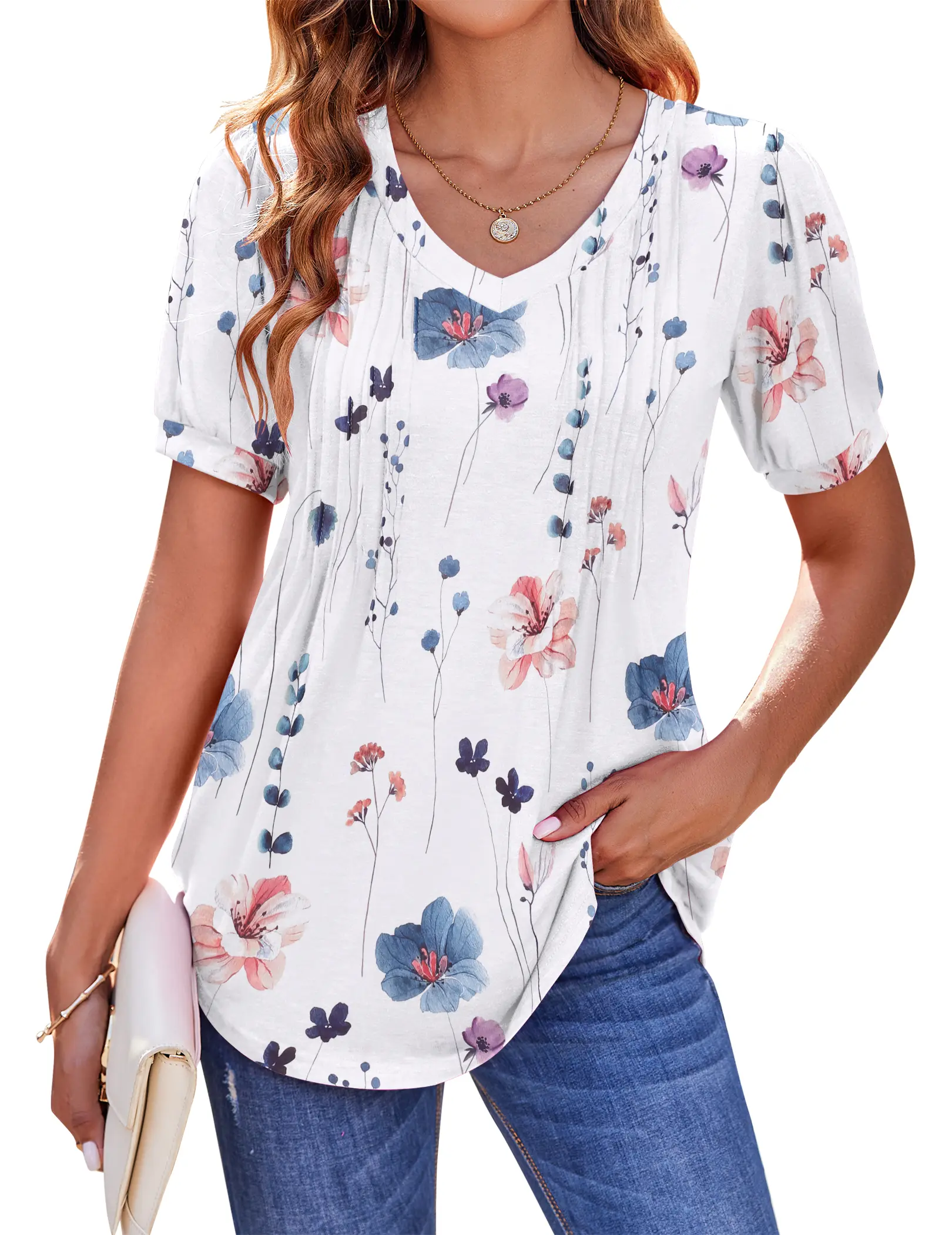 ZEAGOO Women's Bohemian Puff Short-Sleeve V-Neck Pleated Blouse - Rayon-Polyester-Spandex, Breathable, Elegant, Beach-Casual Summer Tunic Tee, Fit for Slacks, Solid & Floral Prints, Essential Feminine Dressy Top