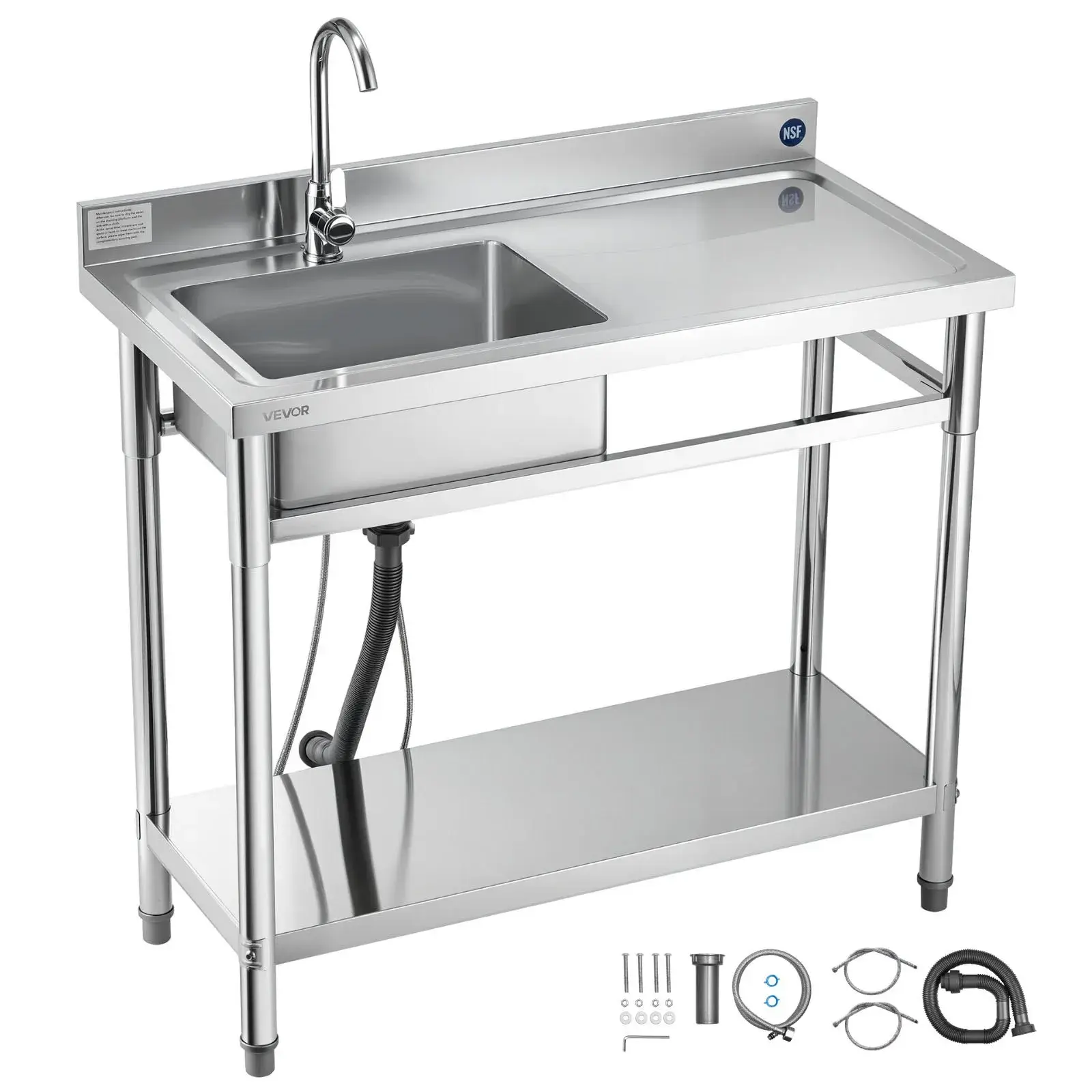 【Summerfinds】VEVOR Rectangular Stainless Steel Utility Kitchen Sink Workstation - Free-Standing Single Right Bowl Commercial Sink with Adjustable Faucet, Hot-Cold Water Pipe, 39.4x19.7x37in for Bar, Patio, Buffet