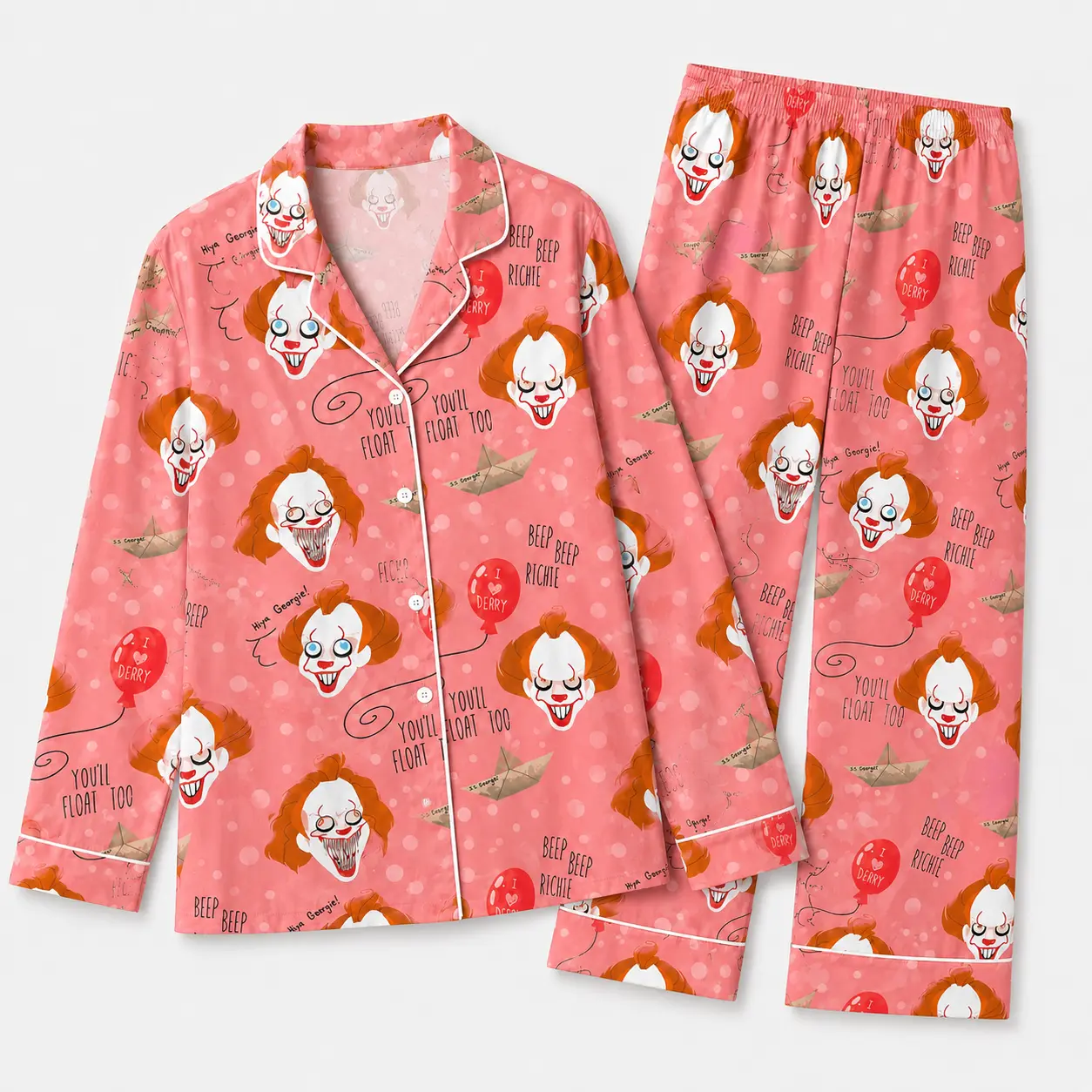 Men's Horror Clown 2-Piece Pajama Set - Satin Stretchy Fabric, Elegant Print, Long-Sleeve Button-Down Top, Matching Lounge Pants, Menswear