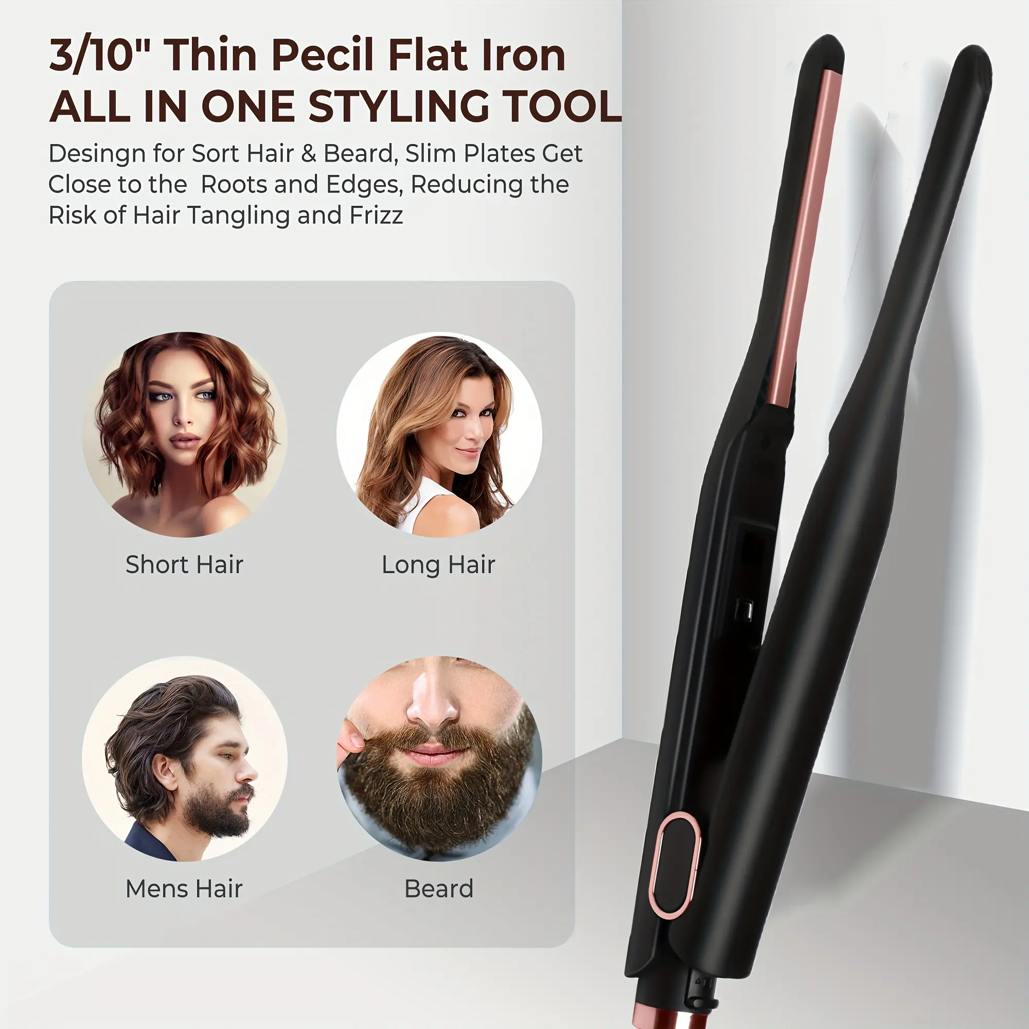 Small Flat Iron, Pencil Flat Iron for Short Hair, Pixie Cut and Bangs, Mini Hair Straightener for Edges with Anti-Pinch Design, US Plug Black Golden