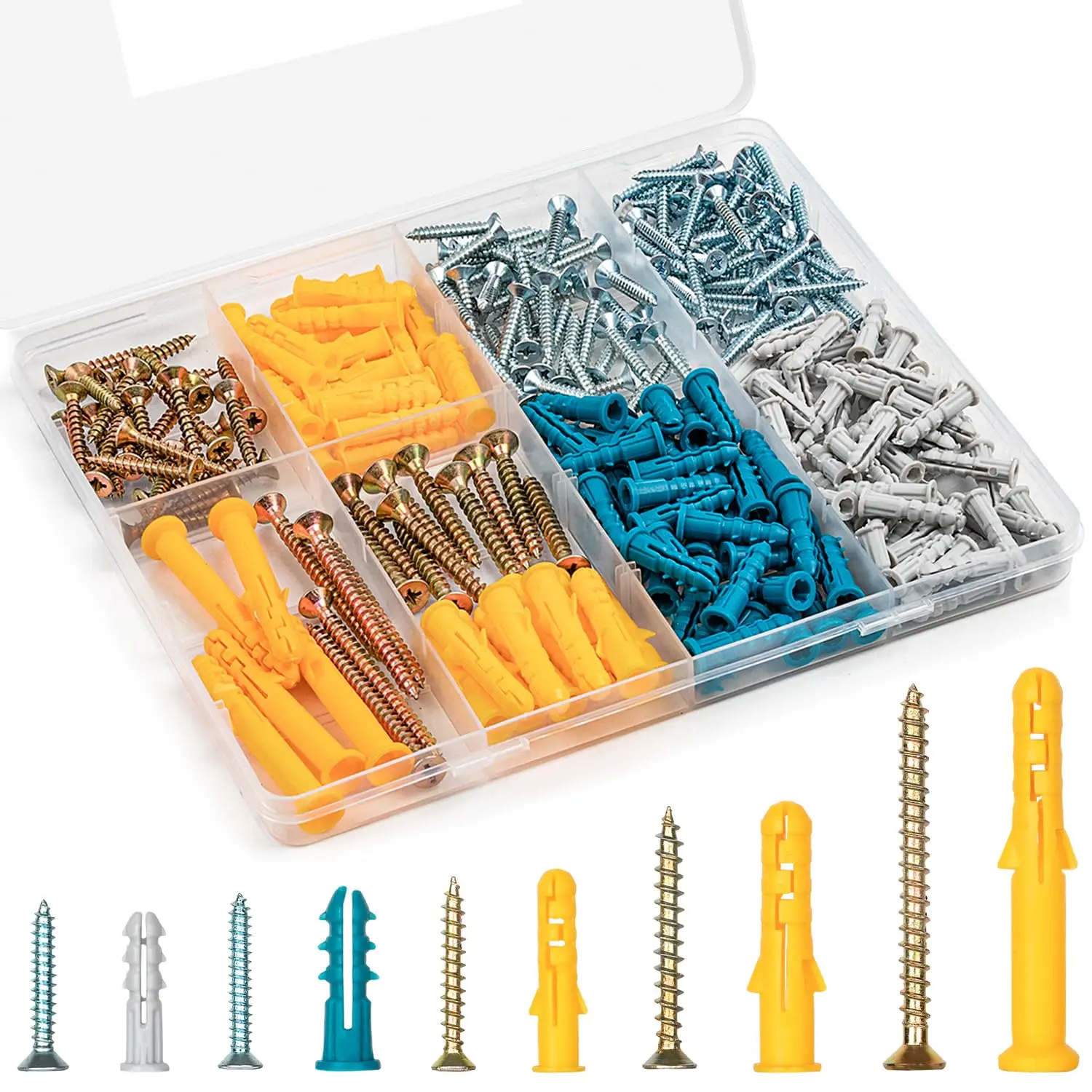 Drywall Anchors and Screws Assortment Kit 270 count, 135 Plastic Dry Wall Anchors and 135  Flat   Screws, 5 Sizes Wall Hanging Kit for Wall Art Decor, Replaces Picture Hanging Nails