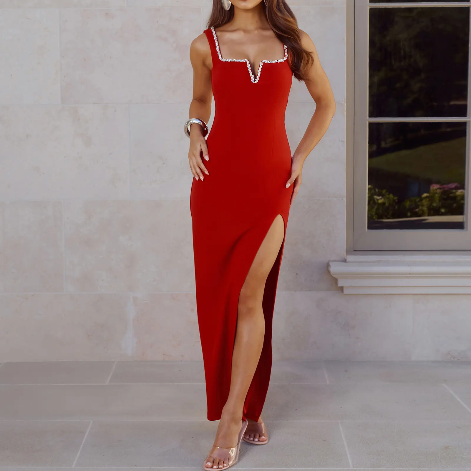 Hello Molly Exotic Soirée Maxi Dress Elegant Split Evening Gown Red