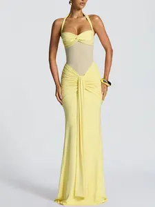 Womenswear Mini Bodycon Mesh Sheer Tie-Back Halter Neck Sleeveless Dress Panel Ruched Evening Gown Party Casual Chic Elegant Minimalist Outfit