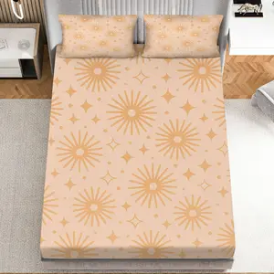 3Pcs Sun Star Geometric Fitted Sheet Three Piece Set (1*Fitted Sheet+2*Pillowcases, Coreless), Holiday theme, Starburst Bedding Set, Mattress protector Soft, Breathable