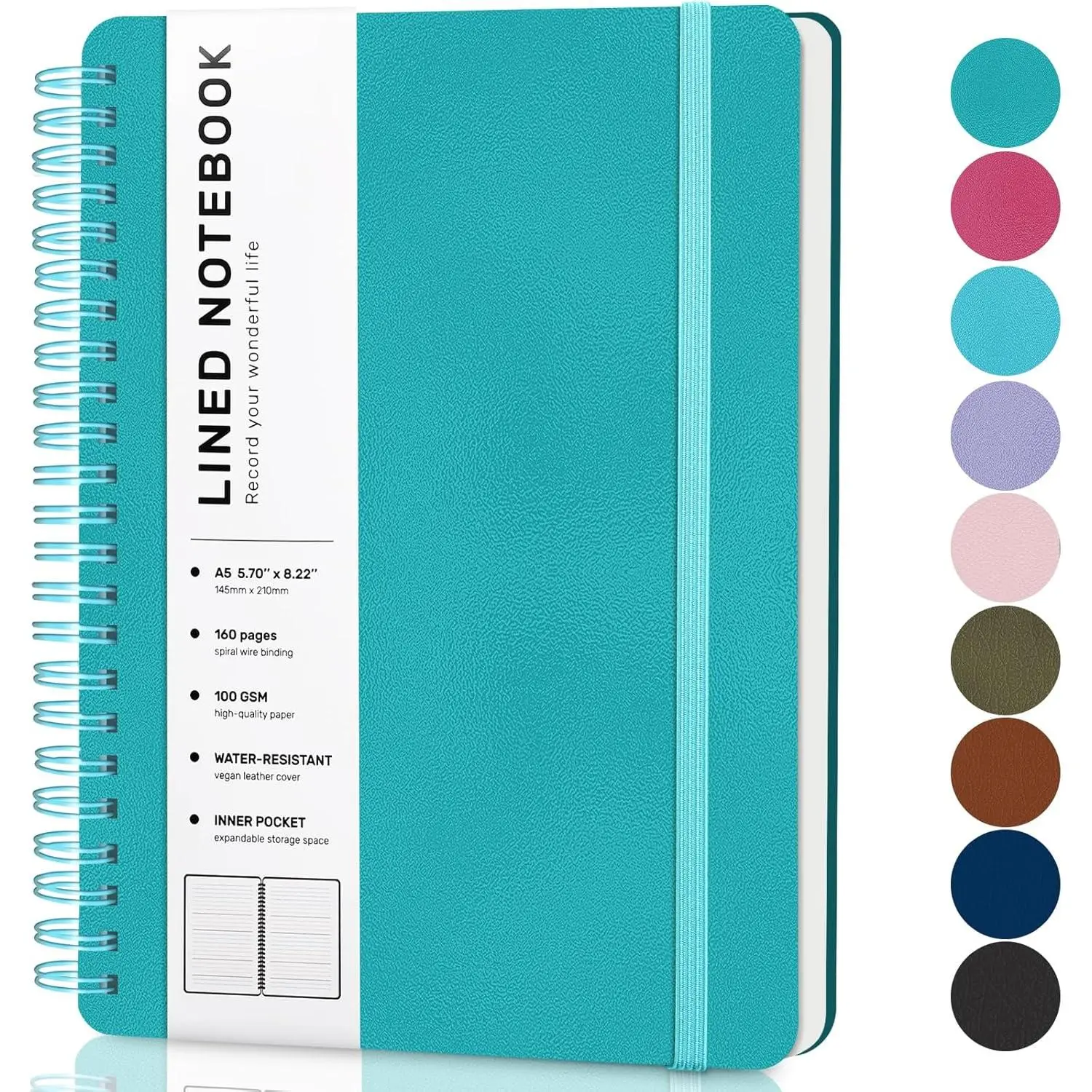 Lined Spiral Journal Notebook, A5 Hardcover Leather Notebook for Work, 5.7''x8.2'', 100GSM Thick Paper Spiral Bound Journaling Notebooks for Women & Men Office School Note Taking Business, Lake Blue