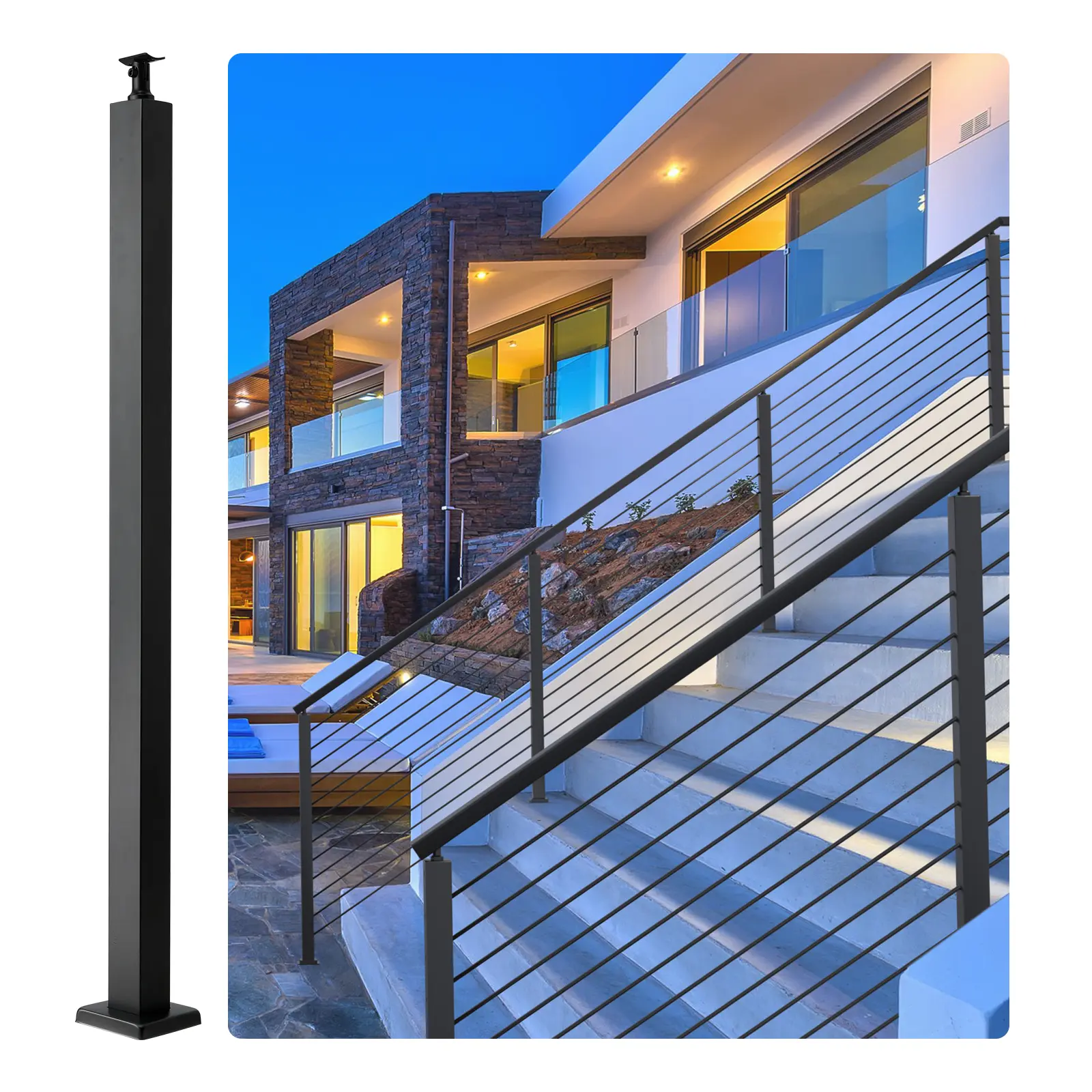 【Summerfinds】VEVOR Cable Railing Post,42" x 2" x 2" Steel Level Deck Railing Post Without HolesSUS304 Stainless Steel Cable Rail PostStair Handrail Post with Horizontal and Curved Bracket1-PackBlack