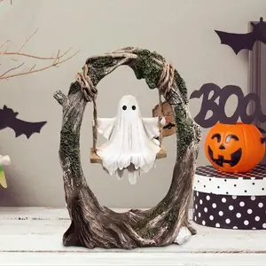 Ghost On A Tree Swing,Swing Ghost Ornaments,Cute Swinging Ghosts Halloween Figurine,Spooky Ghosts Halloween Decor for Desktop Bookshelf Indoor Outdoor Halloween Ghost Figurine