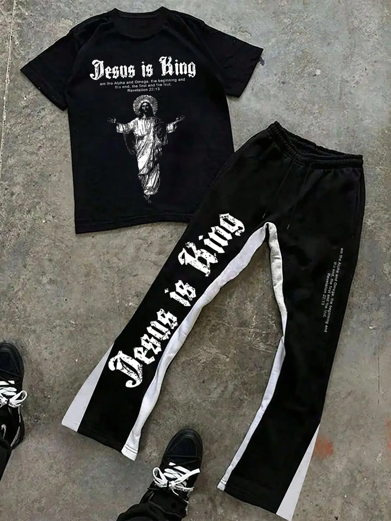 Men's Letter & Jesus Print Short Sleeve Tee & Pants Set, Menswear Regular Fit Casual Round Neck T-shirt & Pants, Men's Summer Clothes