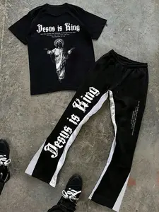 Men's Letter & Jesus Print Short Sleeve Tee & Pants Set, Menswear Regular Fit Casual Round Neck T-shirt & Pants, Men's Summer Clothes