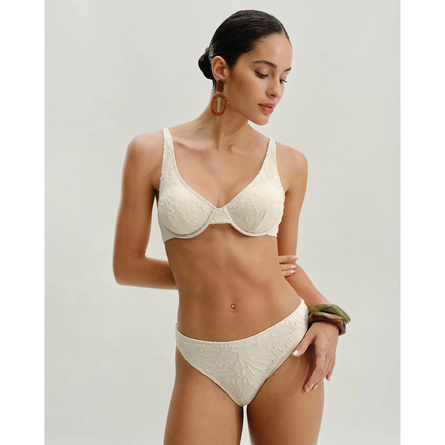 rihoas Beige Polyester Jacquard Underwire Bikini Set - Sporty Swimsuit Bikini for Sports & Outdoor Activities, Sporty Bikini Set