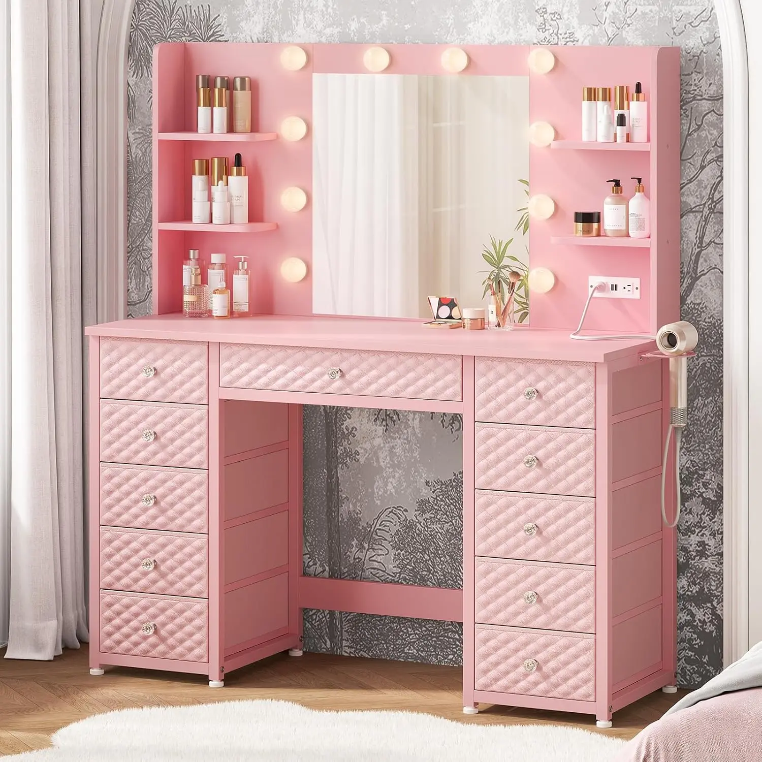 Sikaic LED Vanity Table with Backlit Mirror, Makeup Vanity Desk with Drawers, Power Outlet and Storage Shelves for Bedroom Furniture, Room Decor, Bedroom Items