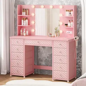 SIKAIC 45.3-Inch Vanity Desk with Lighted Mirror - Vanity with Lights, Quick Assembly, Diamond Handles, Power Strip, 6 Open Storage Shelves, Large-Space Indoor Bedroom Makeup Dressing Table for Women