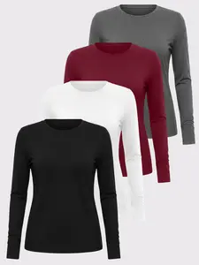 TELALEO Women's 4 value pack Long Sleeve Basic Shirts Crew Neck Slim Fitted Compression Gym Workout Athletic Undershirts in Black White Gray & Red