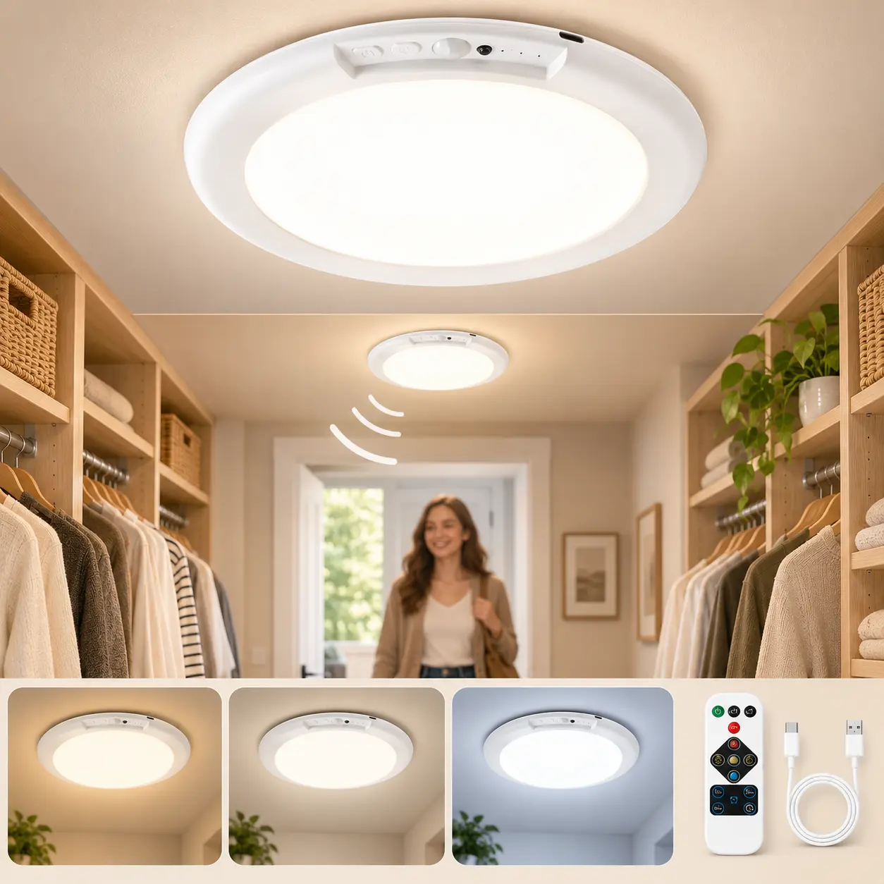 Qawtor 4000mAh Rechargeable Motion Sensor Round Minimalist Ceiling Light - Plastic/Metal Indoor/Outdoor Wire-Free LED, Easy Magnetic Install, 3 Color Temperatures, Dimmable Magnetic Design, Remote & Timer, for Closets, Hallways