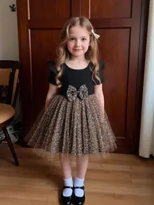 Girls Summer Fashion Comfortable Flutter Sleeve Dress, Summer Printed Dress, Fashion Print Dress, Ruffle Sleeve Dress, Trendy Knitted Leopard Mesh Flare Dress for Kids, Stylish Casual Wear for Little Girls