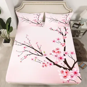 Feelyou Sakura Branch Fitted Sheet Set - Twin-Full Size, Pale Pink Microfiber Bedding Set, Japanese Spring Cherry Blossoms Decorative Bedsheet Linens for Bedroom, Decorative Bedsheet Sets,summervibes