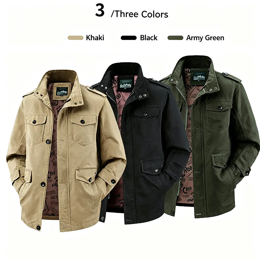 Men's M65 military field jacket, retro washed canvas stand up collar Epaulet multi flap pocket snap loose fit retro American workwear outdoor hiking streetwear jacket