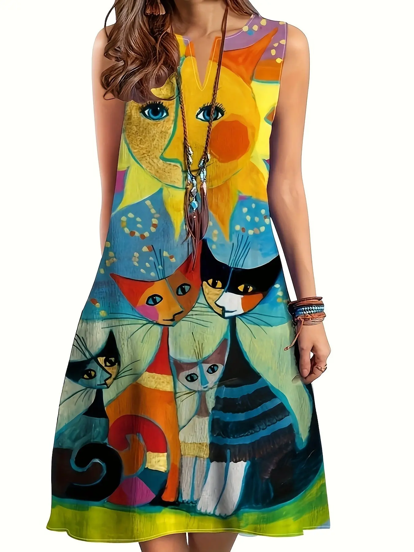 Trendy and unique printed V-neck sleeveless dresses with cutouts, casual vacation dresses for women