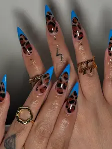 Handmade Blue French Tip Leopard Press On Nails