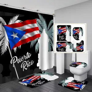 1/4 pcs Puerto Rican flag palm tree pattern waterproof shower curtain set, including shower curtain, toilet seat cover, rectangular mat and U-shaped mat, perfect for bathroom decoration and beautifying the space, comes with 12 shower curtain hooks