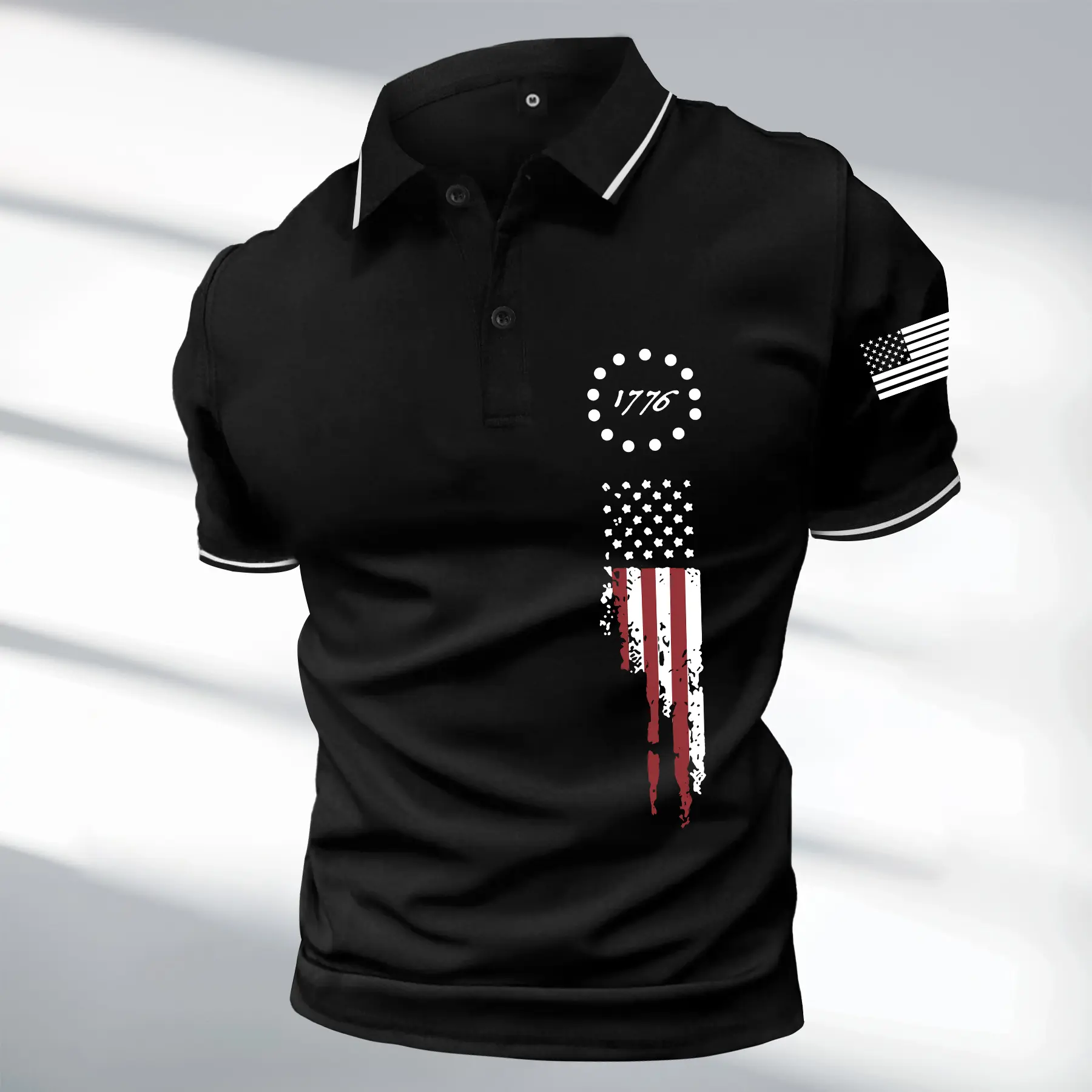 Men's Patriotic Polo Shirt with 1776 Flag Print, Casual Short Sleeve Menswear with a Figure-Enhancing Fit,back to school,back to school shopping, Wedding, Fitted