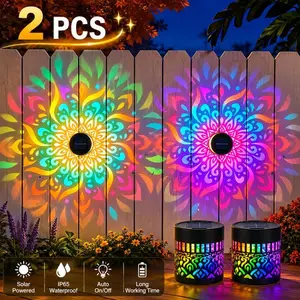 2-Pack Solar Mandala Projector Wall Lights, IP65 Waterproof Metal Outdoor Fence Lights for Garden, Patio, Courtyard