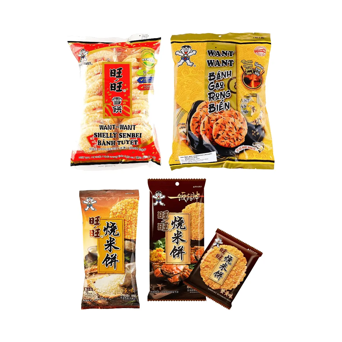 Want Want Crab Roe Flavor Snow Cakes & Original Snow Cakes, Thick Roasted Seaweed Rice Crackers, Original Roasted Rice Crackers - 4 Flavor Combo Pack, 372g