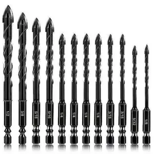 12-PCS Concrete & Masonry Drill Bit Set YG6X Tungsten Steel Carbide Cross Tip for Glass Ceramic Tile 1/8 to 1/2 inch Industrial Strength Hexagonal Shank