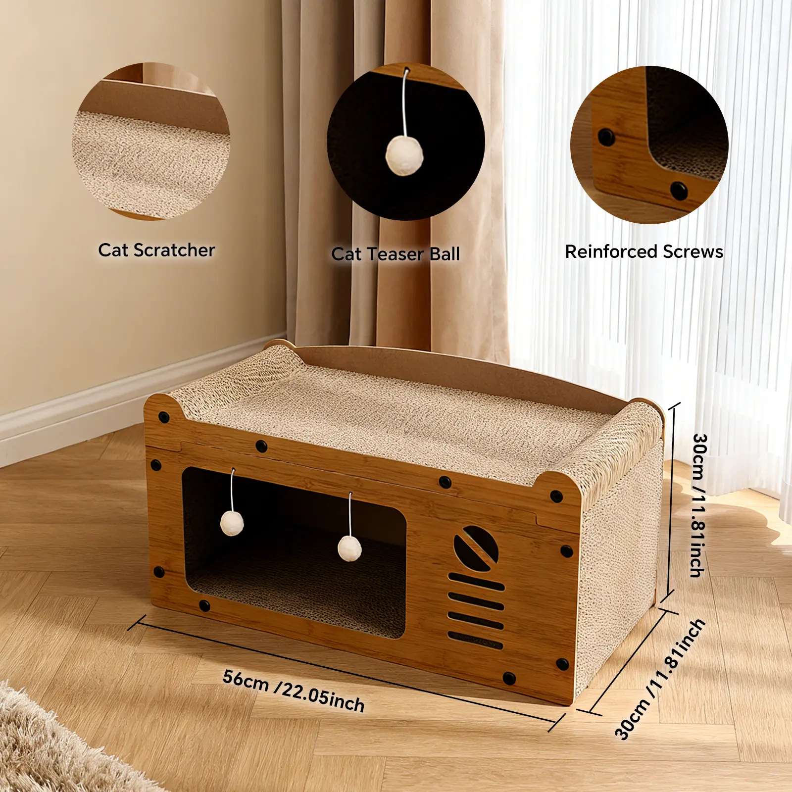 Cat Scratcher House with Lounge Bed, 3-in-1 Cardboard Cat Condo and Hideout, Durable Corrugated Cat Scratching Pad, Indoor Cat Cave Bed with Teaser Balls, Cat Furniture for Scratching, Resting, Playing and Sleeping