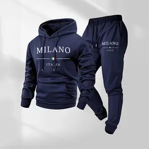 Men's Milano Italy Letter Printed Hoodie and Drawstring Sweatpants Set, Menswear, Casual Athletic Long Sleeve Hooded Jacket & Trousers for Fall & Winter, Men's Clothing for Daily Wear, Sportswear Indoor Outdoor, Tracksuit, Athleisure  Unisex Polo Shirt