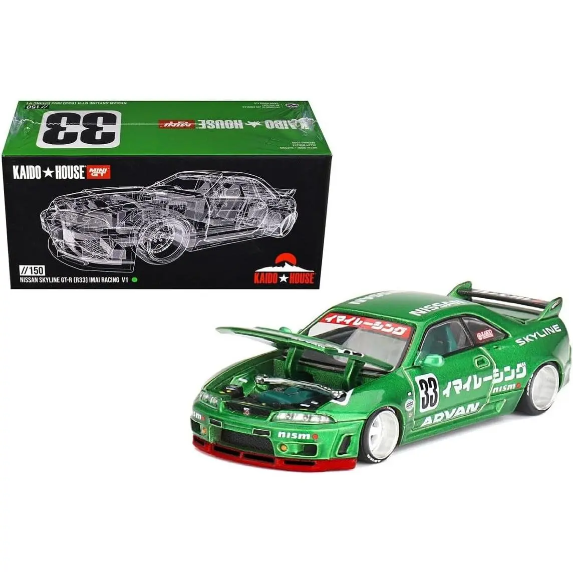 Kaido House x Mini GT 1:64 Nissan Skyline GT-R (R33) Imai Racing V1 Green Diecast Model Car Limited Edition KHMG150