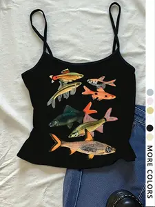 Women's Tight-Fit Cropped Tank Top, Sweet Spicy Sleeveless Design, Spaghetti Strap, Fish Print, Thin Fabric, Lightweight, Summer Fashion, Womenswear, Casual Wear