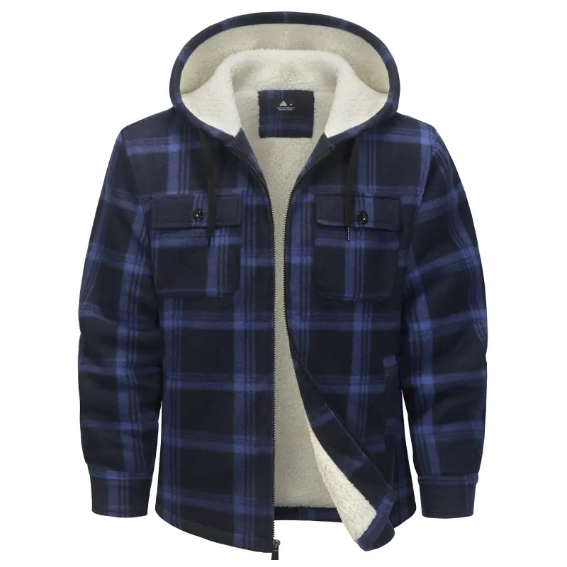 ZITY Mens Navy Blue Classic Plaid Flannel Sherpa Hooded Zip-Up Sweatshirt - Fleece Lined, Stylish Menswear Top, Warm Winter Coat for Chilly Days, Casual Long Sleeve Outerwear (Classic Plaid Adds Instant Polish), Tops
