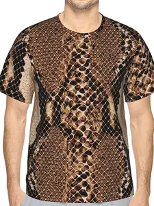 Men'S 3D Printed Python Reptile Skin Texture T-Shirt, Polyester Fabric with Realistic Scale And Reticulated Pattern, Brown Beige Black Tone, Breathable Casual Short Sleeve for Daily Wear And Outdoor Activities