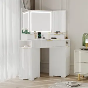 Corner Vanity, Corner Vanity Desk with Mirror and Lights, Fluted Makeup Table with Charging Station, Drawers, Storage Cabinets