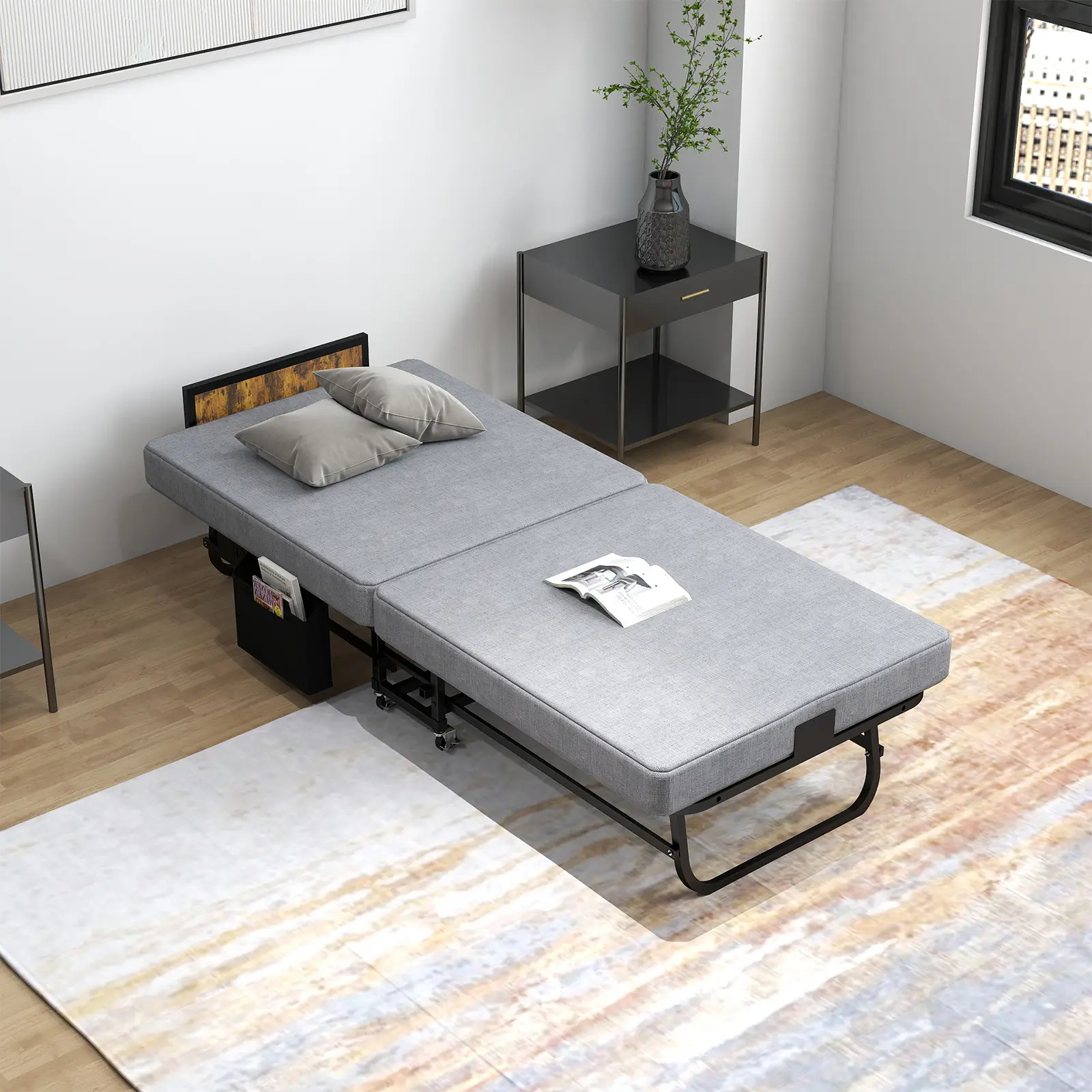 78"×31" Heavy-Duty Folding Rollaway Bed Frame with Headboard, 3" Memory Foam, USB Charging Station, Storage Pocket & Wheels, Portable for Guests & Office Naps