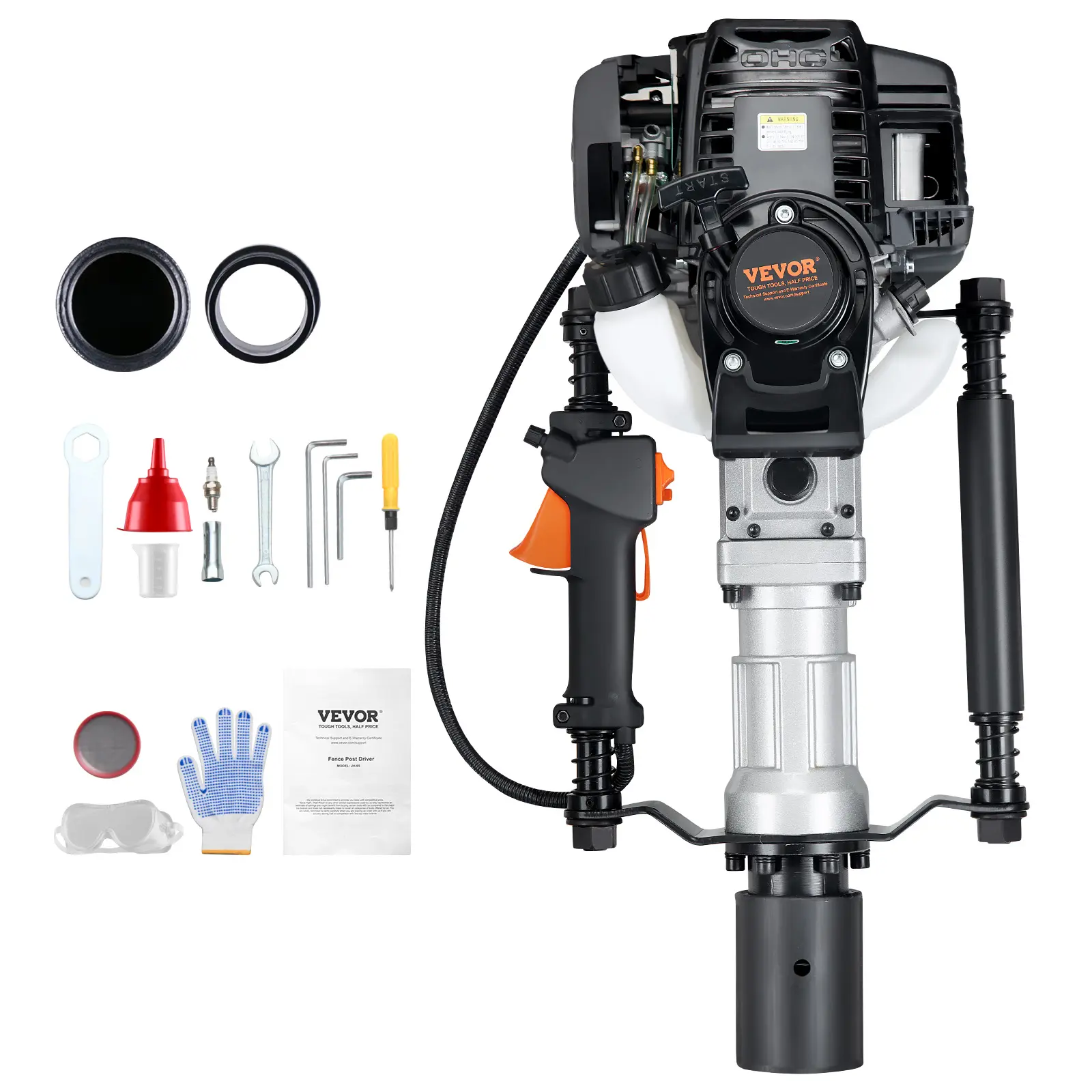 【Summerfinds】VEVOR Heavy Duty Hardware 37.77cc 4-Stroke Gas-Powered T Post Pile Driver, 1000W Power Tool with 2 Aluminum Alloy Hammerhead Sleeves (55/70mm), Shock-Absorb Portable Fence Piling Tool for Farm, Road Improvements