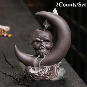 Creative Skull & Moon Design Incense Burner, 2 Counts/set Backflow Incense Burner, Home Fragrance Holder for Living Room Bedroom Office Decor