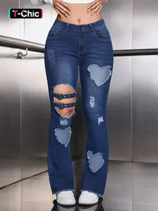 Women's Cut Out Heart Pattern Ripped Denim Jeans, Fashion Casual Button Design Trousers for Daily Outdoor Wear, Ladies Bottoms for All Seasons, Distressed Skinny Jeans