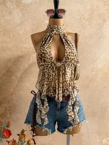 Women's Leopard Print Scarf Backless Bow Tie Top, Boho Bohemian Chic Style, Suitable for Beach, Holiday, Wedding, Music Festival, All Seasons