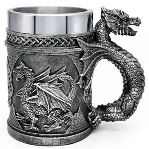 Unique Medieval D&D Dragon Game Mug of Thrones Merchandise 21oz Large Beer Steins Viking Tankard Resin Embossed Stainless Steel Coffee Cup Gift for Dragon Collector Themed Party Decoration Drinkware