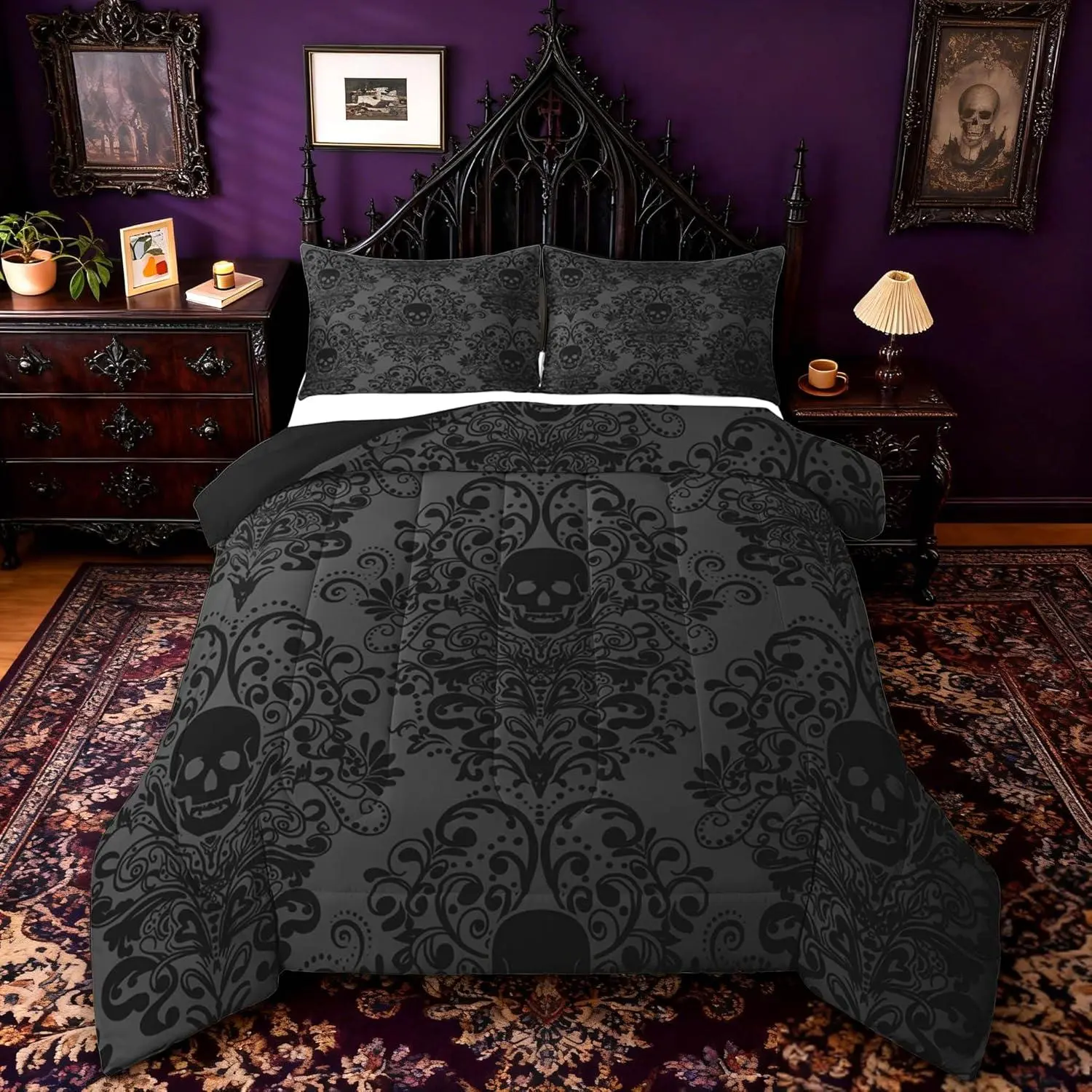 Feelyou Gothic Skull Damask Digital Print Queen Comforter Set - Microfiber Soft Breathable Bedding with Blanket, Multi-Size Options for Adults, Decorative Bed Set for Room Decor, Bed Sets