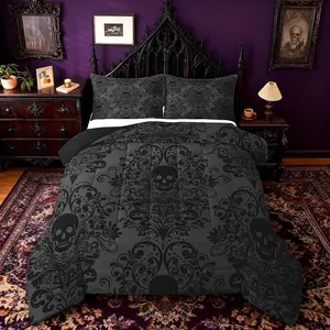 Feelyou Gothic Skull Damask Digital Print Queen Comforter Set - Microfiber Soft Breathable Bedding with Blanket, Multi-Size Options for Adults, Decorative Bed Set for Room Decor, Bed Sets