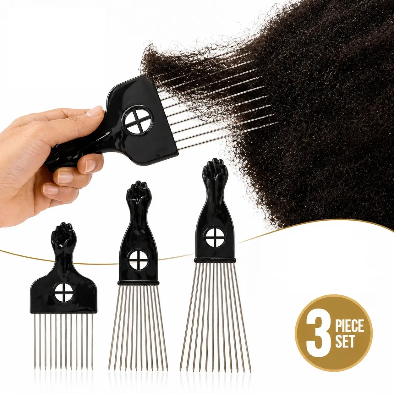 3 Piece African Hair Care Comb Set, Fist Handle Design, Stainless Steel Wide Tooth Combs, Durable Hairdressing Comb, Unisex, Ideal for Curly Hair, Big Backcombs, Volumizing Comb, Curling Comb, Hairstyling Comb, Hair Styling Tools