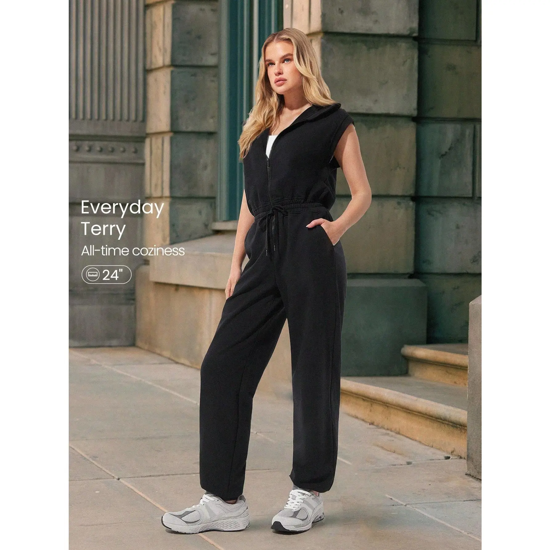 GLOWMODE 24" Everyday Terry Glow Hero Soft Sweat-Wicking Front Zipper Adjustable Drawstring Waist Back Pockets Ribbed Hem Hoodie Jumpsuit Fall Winter