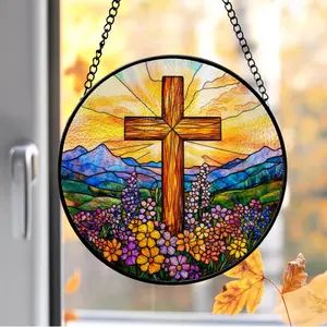 Stained Glass Cross Wildflower Suncatcher, Christian Glass Window Hanging, Religious Cross Suncatcher, Easter Suncatcher Decor,Easter Gifts
