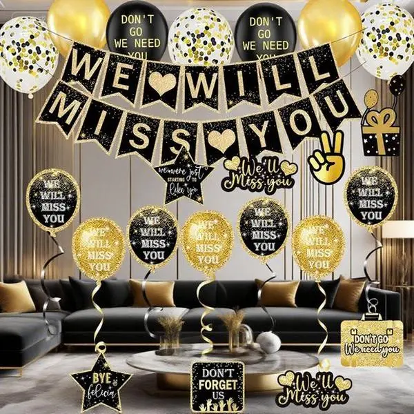 Reusable Goodbye Celebration Kit with Ornaments - Adventure Hanging Metallic Plastic, Easy-Setup Farewell Decor, Retirement & Job Change Event Essentials, Natural-Look Miss You Banner