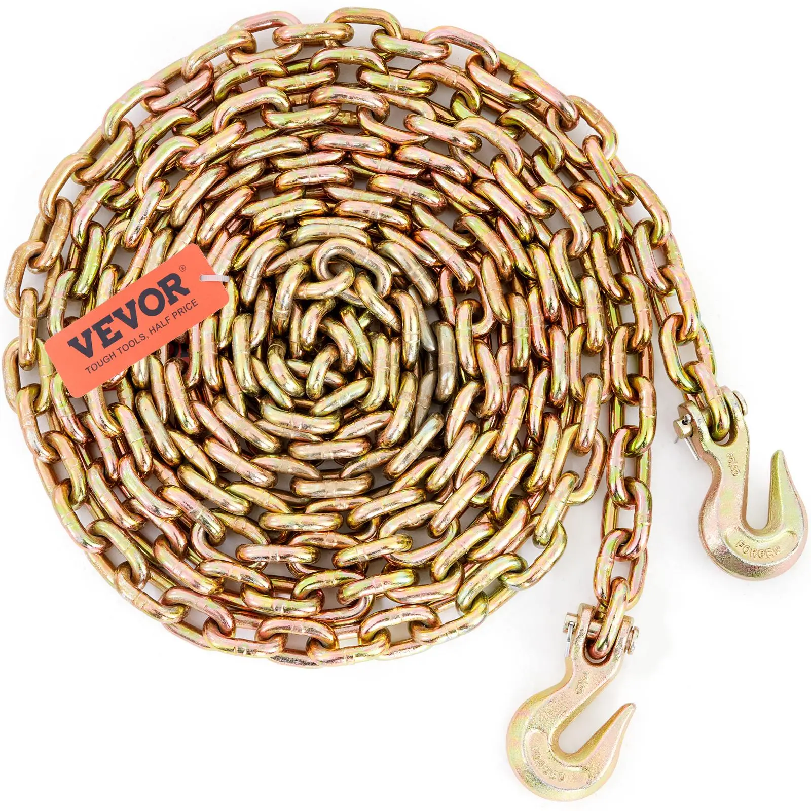 【summerfinds】VEVOR Heavy Duty G80 Galvanized Manganese Steel Transport Binder Chain, 3/8'' x 20 ft, 7100 lbs Working Load Limit, DOT Certified, with Grab Hooks & Solid Shaft Pins, for Ports (Father's Day Gift)