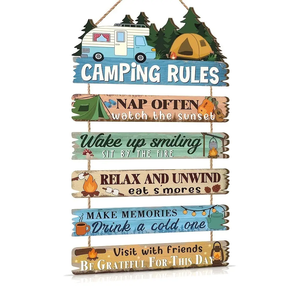 6-Piece Wooden Camping Rules Wall Decor, Fun Rural Hanging Signs, Outdoor Garden Gift, Camping Car/yard Decoration, Camping Enthusiast Gift, Decorative Plaque, Hanging Farmhouse Sign, Rustic Design